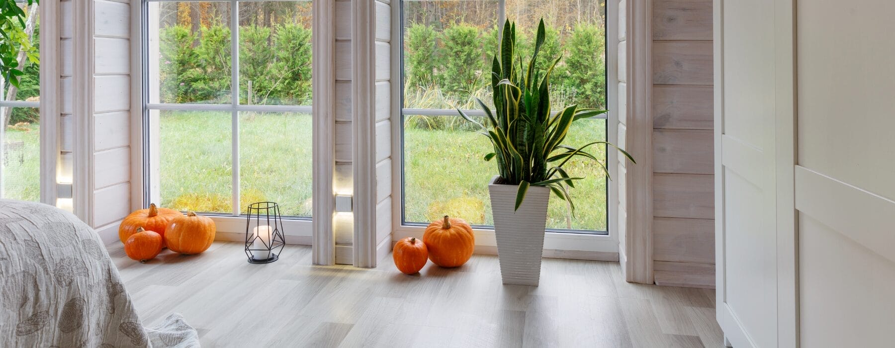 Bright living room with large windows showcasing autumn pumpkins and a lush green garden outside.