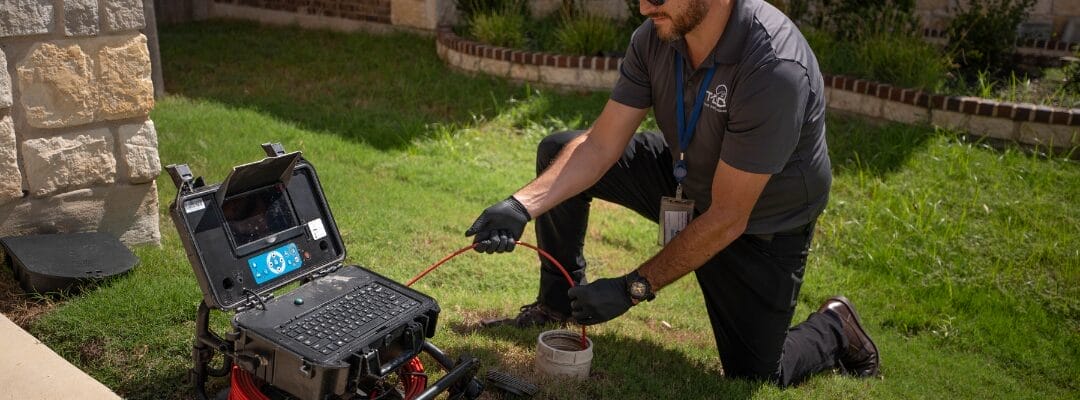 Home inspector using specialized equipment to inspect a home's sewer line.