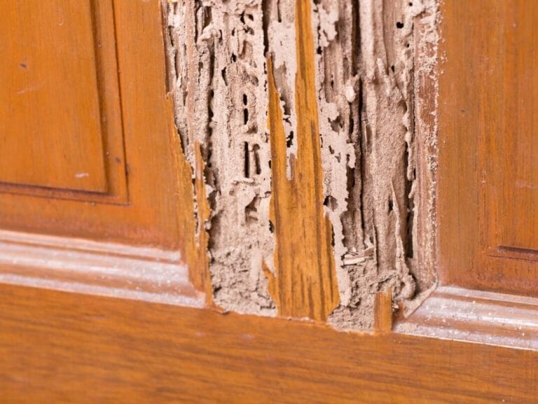 Severe termite damage inside wooden door panel
