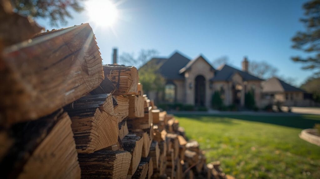 Stack of firewood near an Austin, Texas home, highlighting how termites and other wood-destroying organisms (WDOs) can hide in firewood and threaten nearby structures.